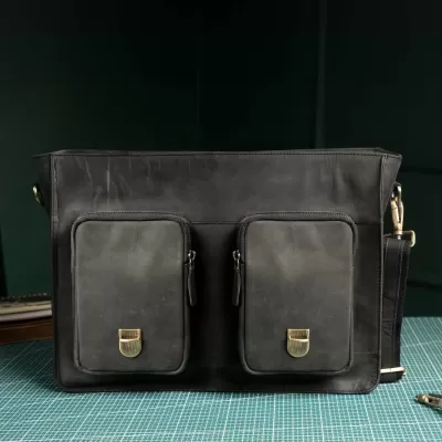 Czarna Torba do Pracy Skórzana Vintage z kieszeniami i klapą Outlander BL114 - 5