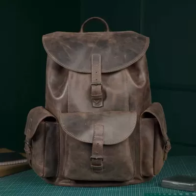 Ciemnobrązowy Duży Plecak Skórzany Vintage z Kieszeniami Outlander BT33 - 1