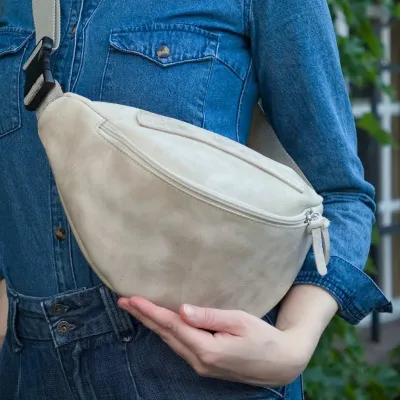 Duża Jasno Beżowa Torebka Nerka Damska Skórzana Vintage NX19 - 1