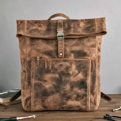 Brązowy Plecak Vintage do Pracy na Laptopa 15,6 cali Skórzany Roll-Top BP145 - 1