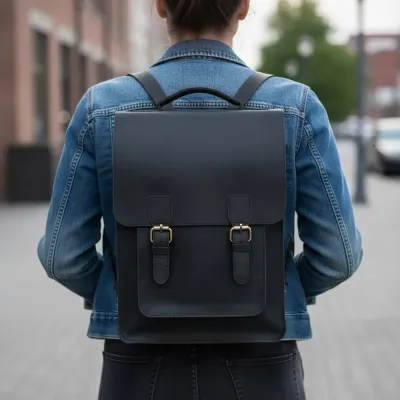 Czarny Minimalistyczny Prostokątny Tornister Plecak Skórzany Damski DR89 - 2