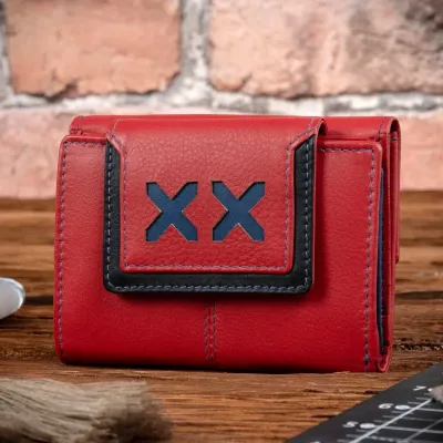 Mały czerwono granatowy Portfel Damski skóra Naturalna miękka Cielęca LP222 - 1