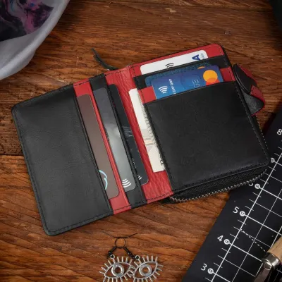 Mały czarno czerwony Portfel damski Skórzany na Zamek LP514 - 1