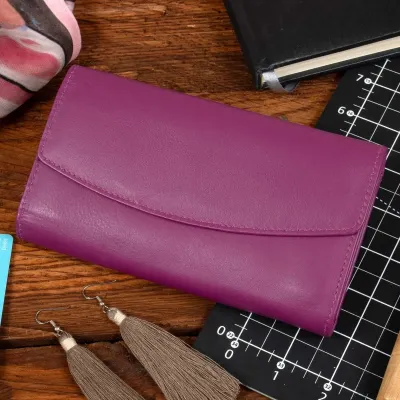 Średni purpurowy Portfel damski z miękkiej skóry Naturalnej Cielęcej LP714 - 1