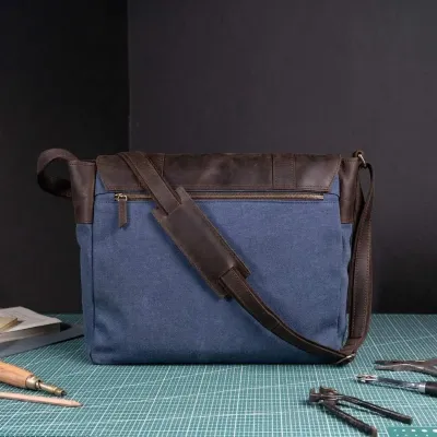 Torba Studencka Vintage Duża Brązowa skóra i granatowe Płótno Belveder BC61BRN - 3