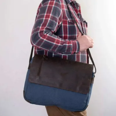 Torba Vintage Męska z Klapą Koniakowa Skóra i Płótno Granatowe Belveder BV17BRN - 2