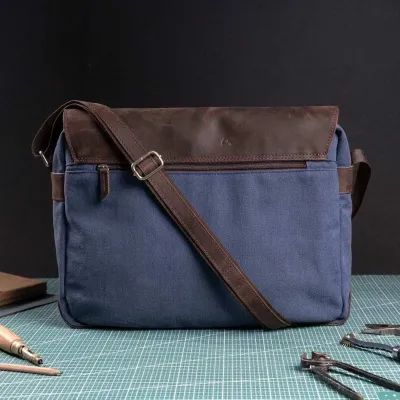 Torba Vintage Męska z Klapą Koniakowa Skóra i Płótno Granatowe Belveder BV17BRN - 6