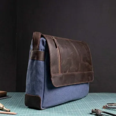 Torba Vintage Męska z Klapą Koniakowa Skóra i Płótno Granatowe Belveder BV17BRN - 9