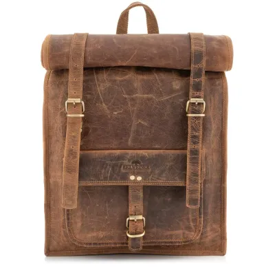 Tornister Plecak Skórzany na Laptopa 17 do pracy Vintage roll-top brązowy Outlander BT07SBH