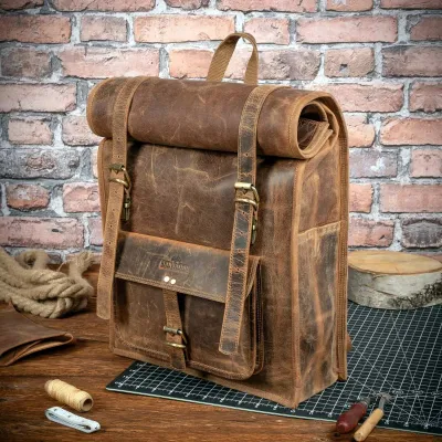 Tornister Plecak Skórzany na Laptopa 17 do pracy Vintage roll-top brązowy Outlander BT07SBH